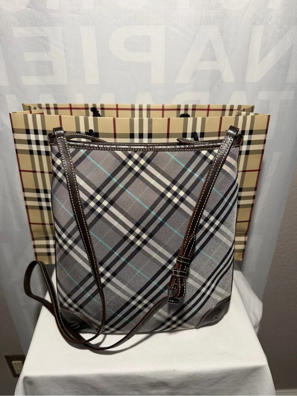 Burberry Gray & Black Plaid Canvas Messenger Bag with Blue Stripe & Brown Trim